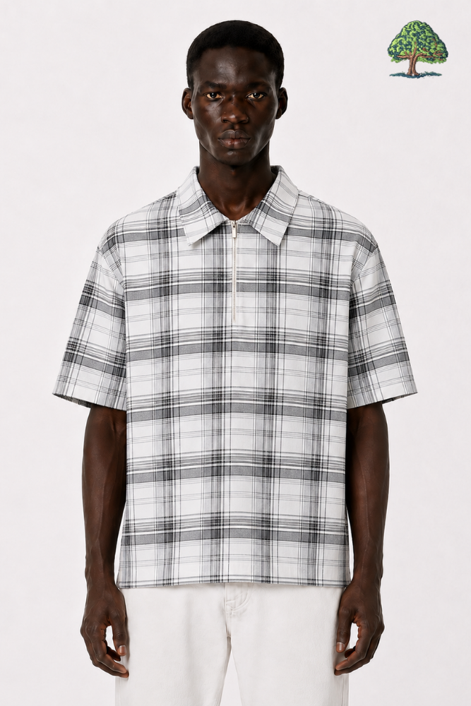 Grey Checked Half Sleeve Zip Shirt - Image 2